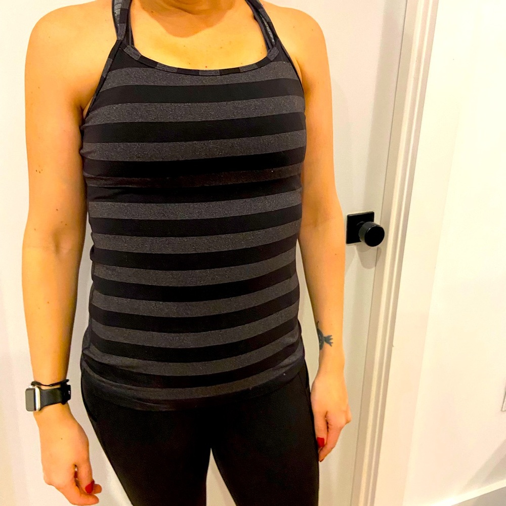 Classic lululemon tank in black and grey stripe.